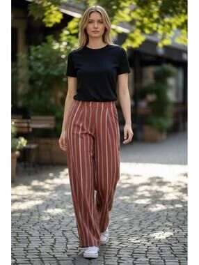 NLW Striped Wide-Leg Pants in Rust‎ Orange - Size Small